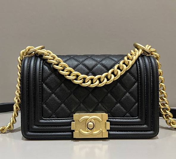 CHANEL SMALL BOY HANDBAG BLACK & GOLDEN METAL A67085 20 CM - 1