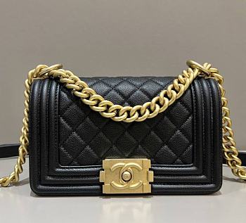 CHANEL SMALL BOY HANDBAG BLACK & GOLDEN METAL A67085 20 CM