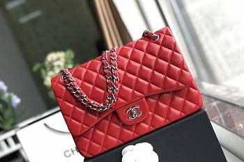 Chanel Flap Bag Silver Hardware Lambskin In Red Size 30 x 19.5 x 10 cm