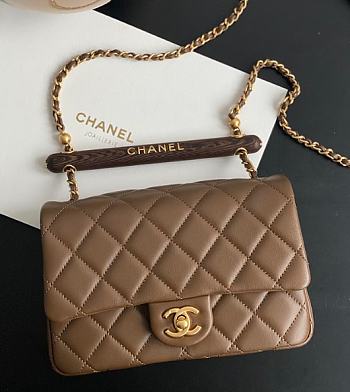 Chanel Wood Handle Flap Bag Brown Size 21 x 13.5 x 6 cm (Limitted)
